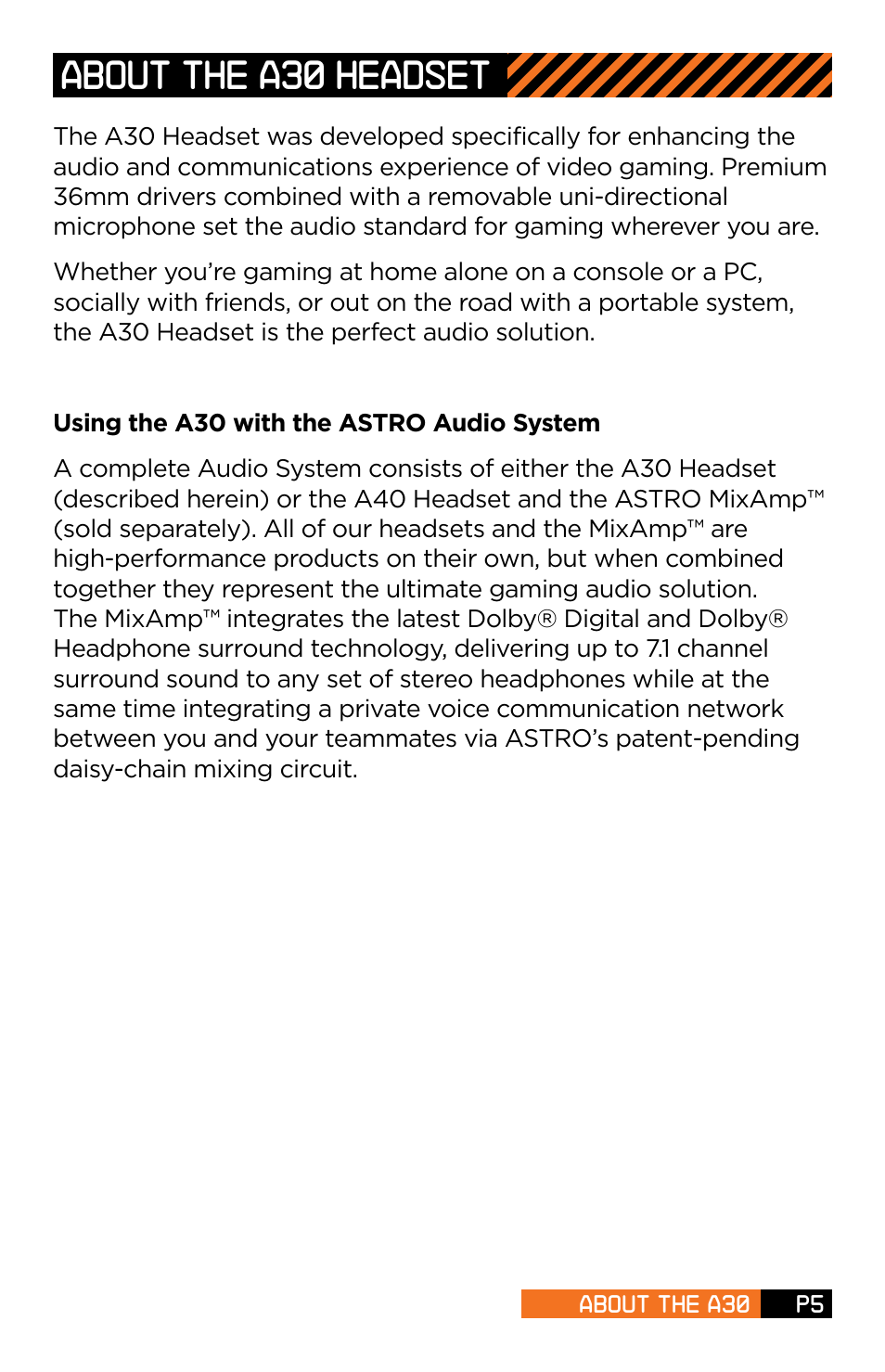 About the a30 headset | Astro Gaming A30 User Manual | Page 5 / 16