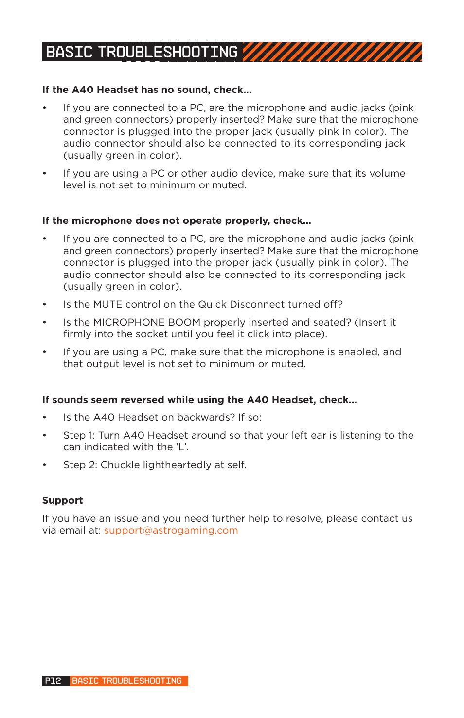 Basic troubleshooting | Astro Gaming A40 User Manual | Page 12 / 14