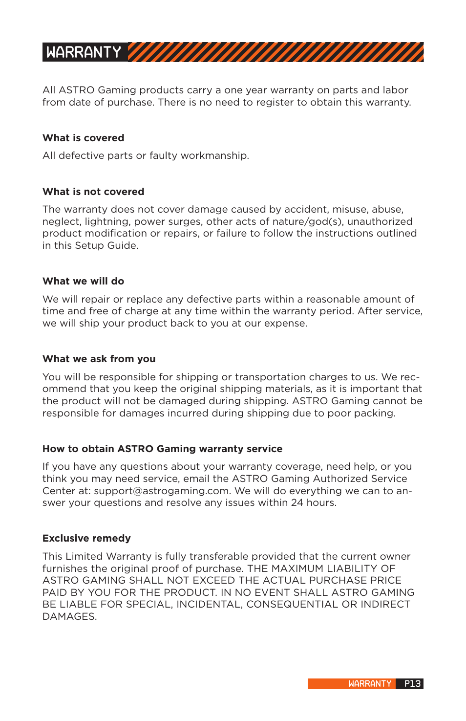 Warranty | Astro Gaming A40 User Manual | Page 13 / 14