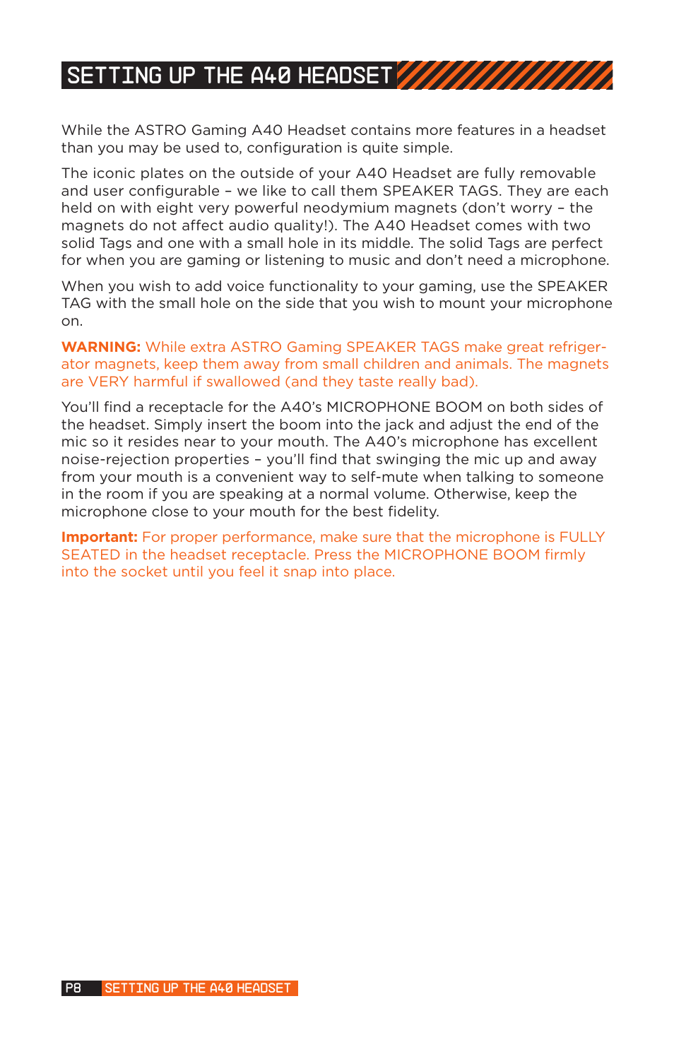 Setting up the a40 headset | Astro Gaming A40 User Manual | Page 8 / 14