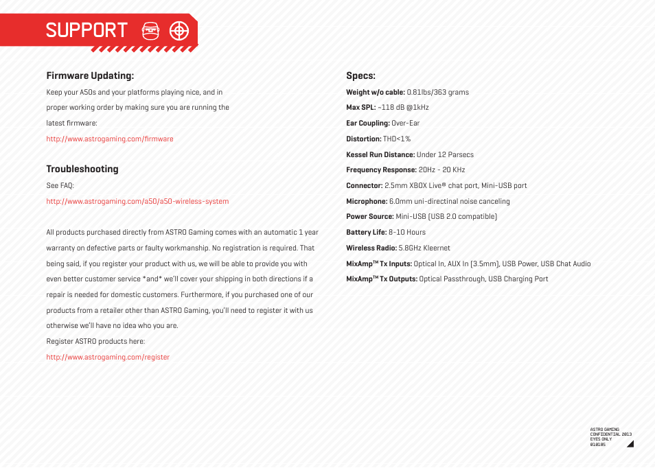 Support, Firmware updating, Troubleshooting | Specs | Astro Gaming A50 Wireless User Manual | Page 15 / 16
