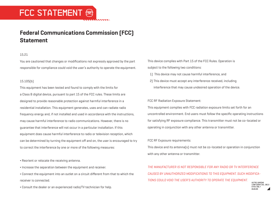 Fcc statement, Federal communications commission (fcc) statement | Astro Gaming A50 Wireless User Manual | Page 16 / 16