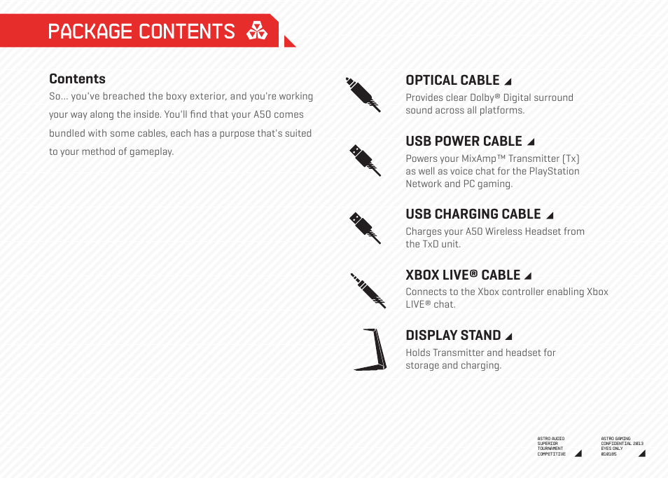 Package contents | Astro Gaming A50 Wireless User Manual | Page 3 / 16