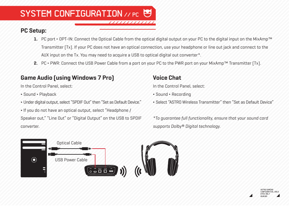System configuration, Game audio (using windows 7 pro), Voice chat | Pc setup | Astro Gaming A50 Wireless User Manual | Page 6 / 16