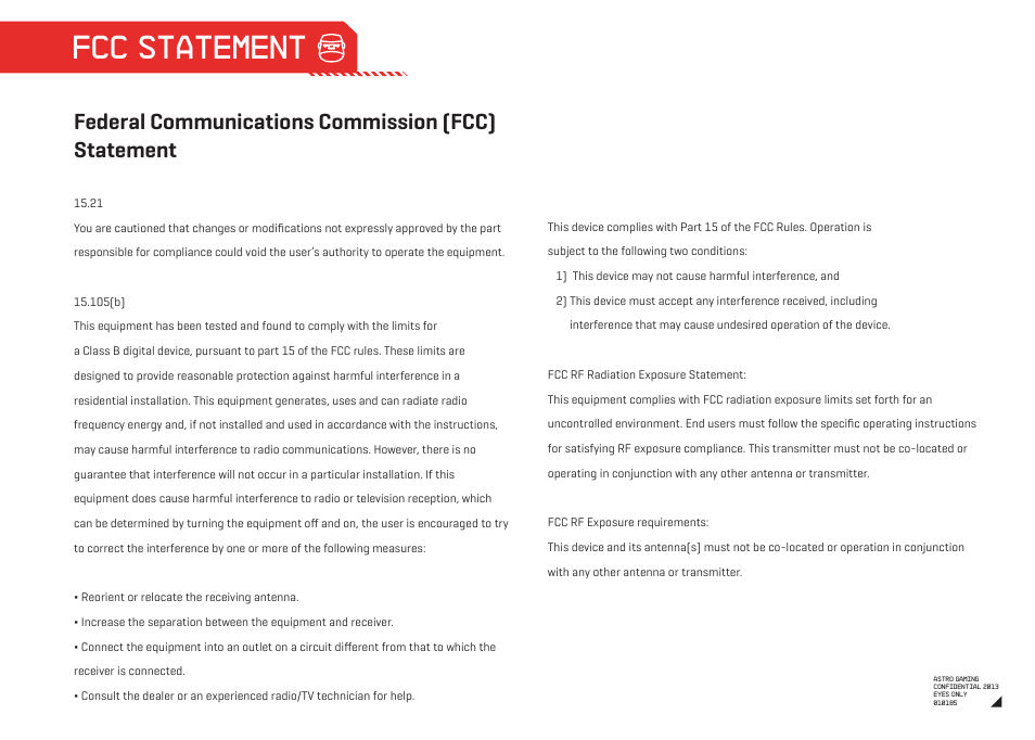 Fcc statement, Federal communications commission (fcc) statement | Astro Gaming A50 PC Wireless User Manual | Page 14 / 15