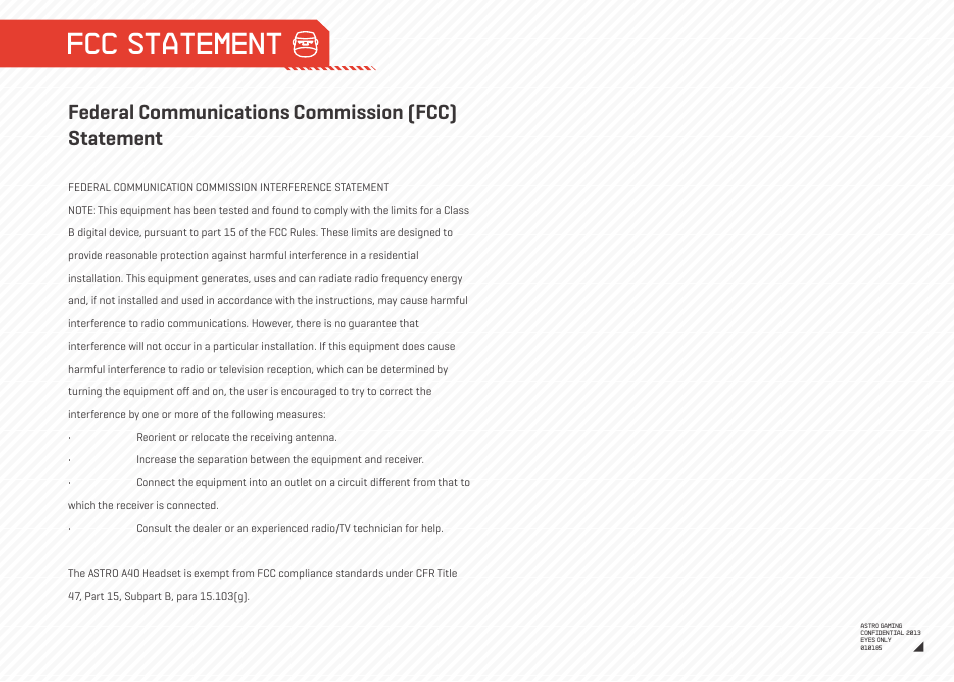 Fcc statement, Federal communications commission (fcc) statement | Astro Gaming Mixamp Pro User Manual | Page 12 / 13