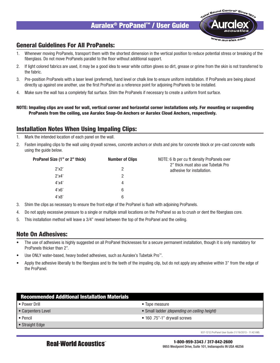 Auralex ProPanel Acoustical Panels User Manual | 4 pages