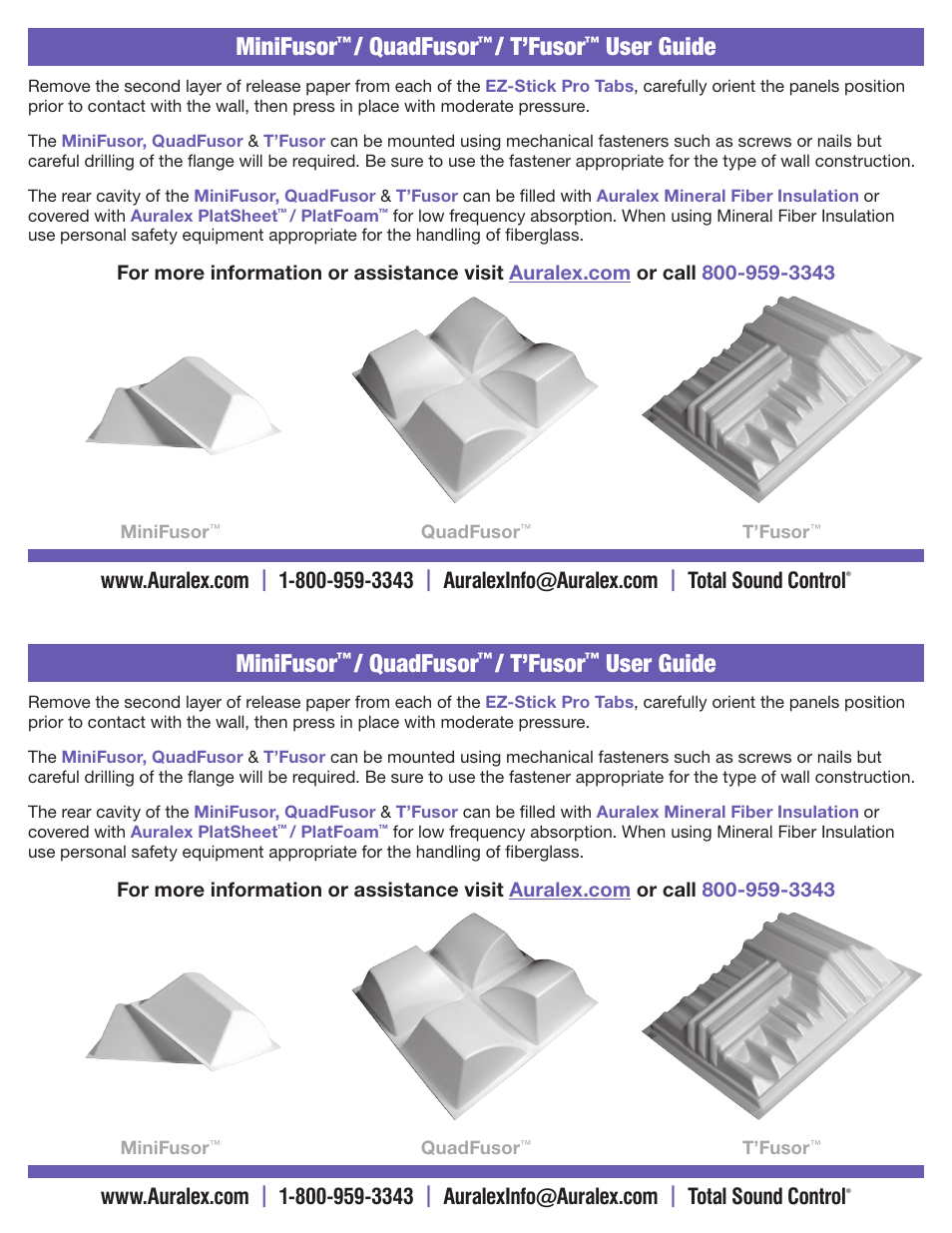 Minifusor, Quadfusor, T’fusor | User guide minifusor, User guide | Auralex MiniFusor Sound Diffusor User Manual | Page 2 / 2