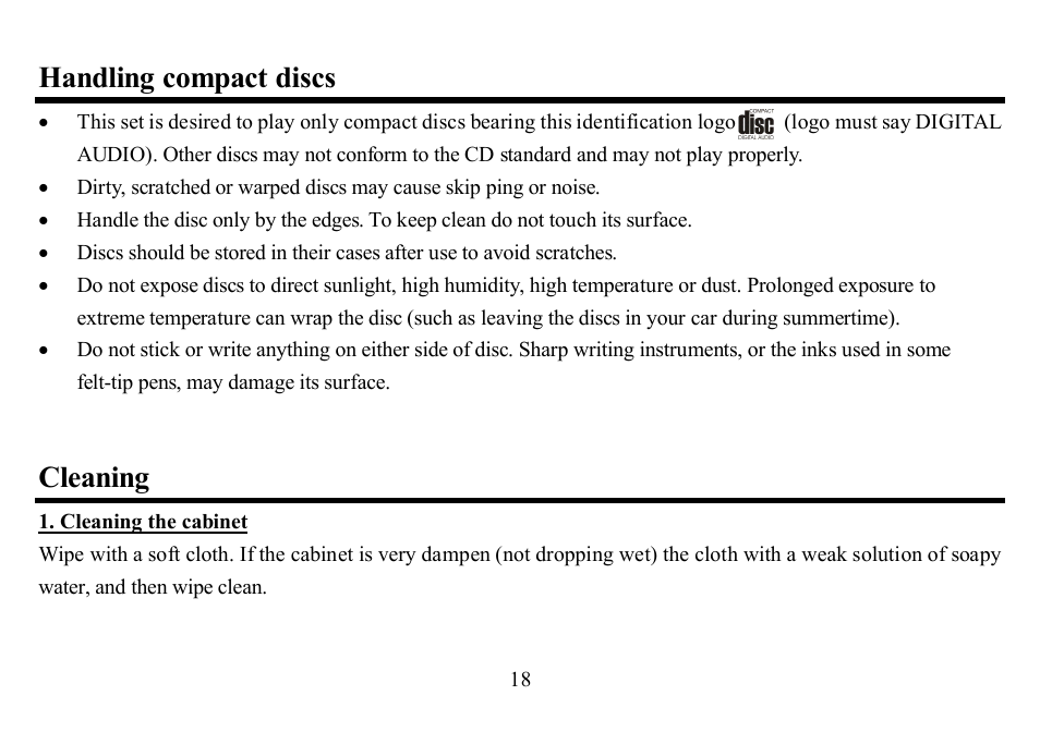 Handling compact discs, Cleaning | Hyundai H-CD7004 User Manual | Page 18 / 47