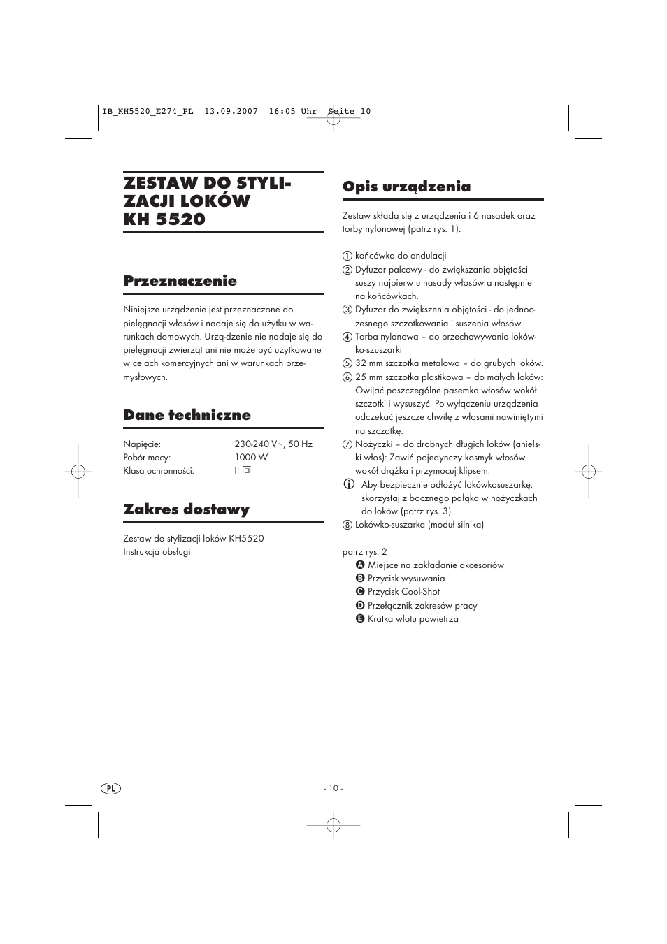 Zestaw do styli- zacji loków kh 5520, Przeznaczenie, Dane techniczne | Zakres dostawy, Opis urządzenia | Balance KH 5520 User Manual | Page 10 / 52