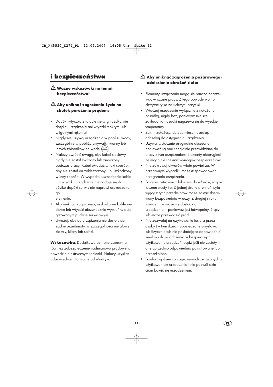 I bezpieczeństwa | Balance KH 5520 User Manual | Page 11 / 52