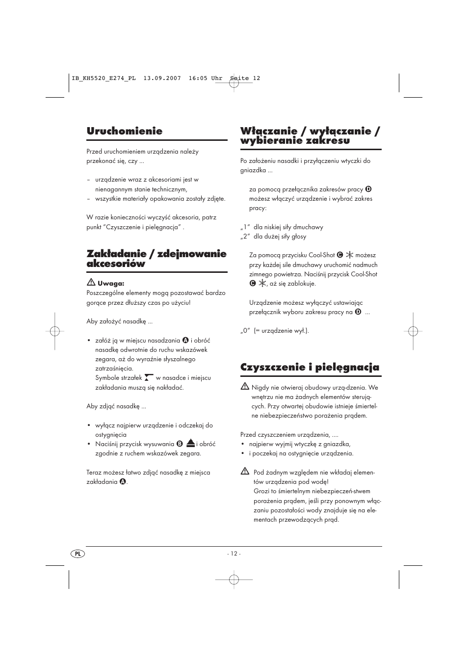 Uruchomienie, Zakładanie / zdejmowanie akcesoriów, Włączanie / wyłączanie / wybieranie zakresu | Czyszczenie i pielęgnacja | Balance KH 5520 User Manual | Page 12 / 52