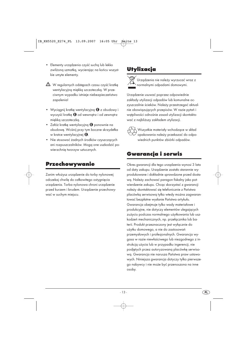Przechowywanie, Utylizacja, Gwarancja i serwis | Balance KH 5520 User Manual | Page 13 / 52