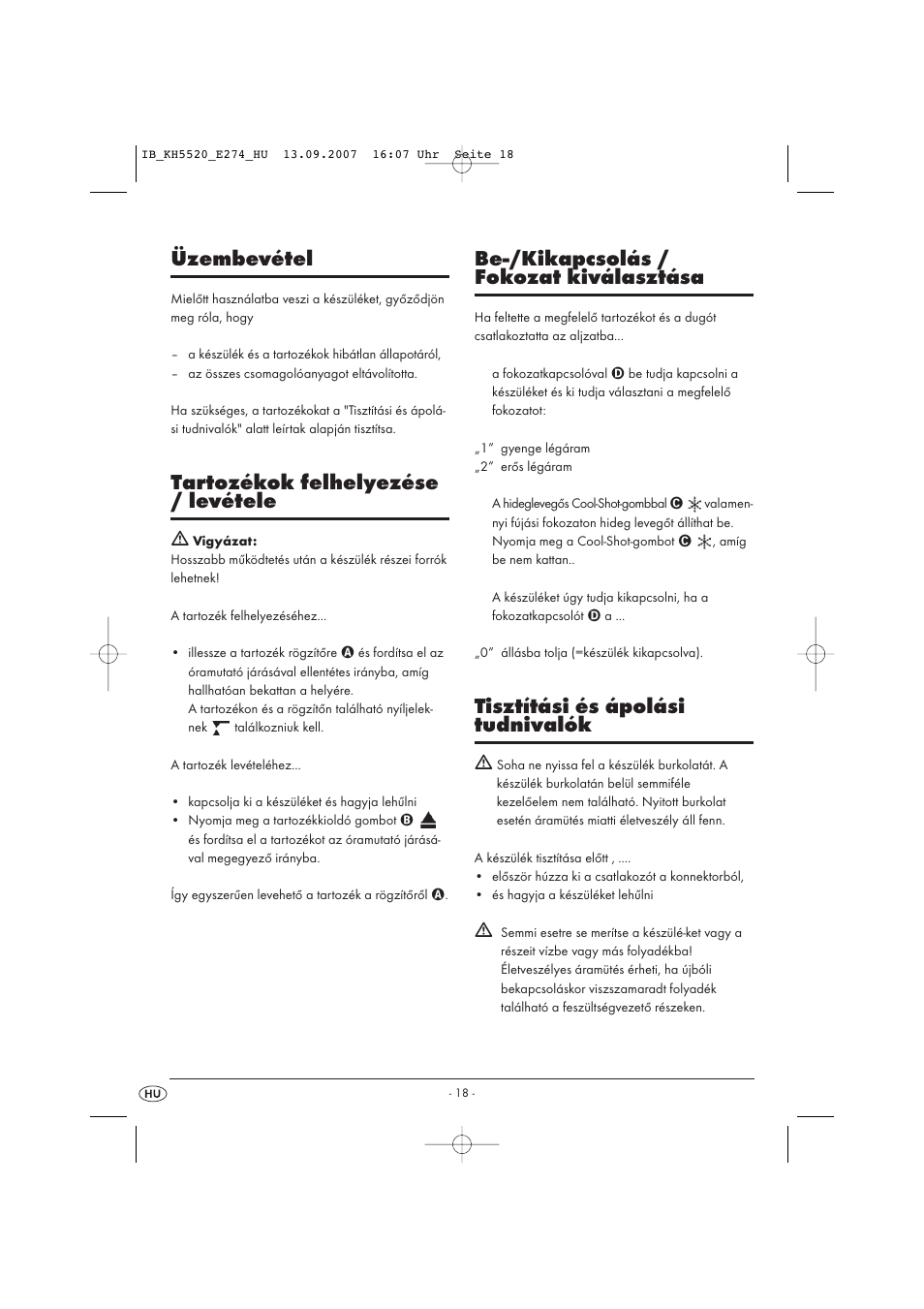 Üzembevétel, Tartozékok felhelyezése / levétele, Be-/kikapcsolás / fokozat kiválasztása | Tisztítási és ápolási tudnivalók | Balance KH 5520 User Manual | Page 18 / 52