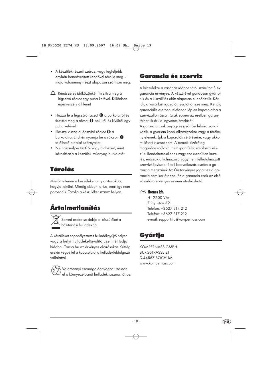 Tárolás, Ártalmatlanítás, Garancia és szerviz | Gyártja | Balance KH 5520 User Manual | Page 19 / 52