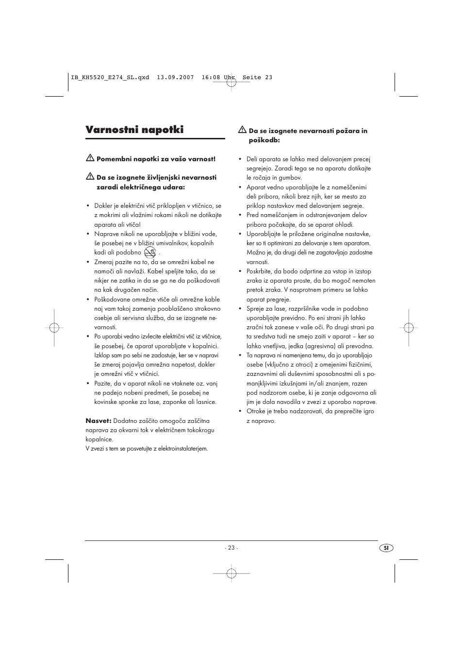 Varnostni napotki | Balance KH 5520 User Manual | Page 23 / 52