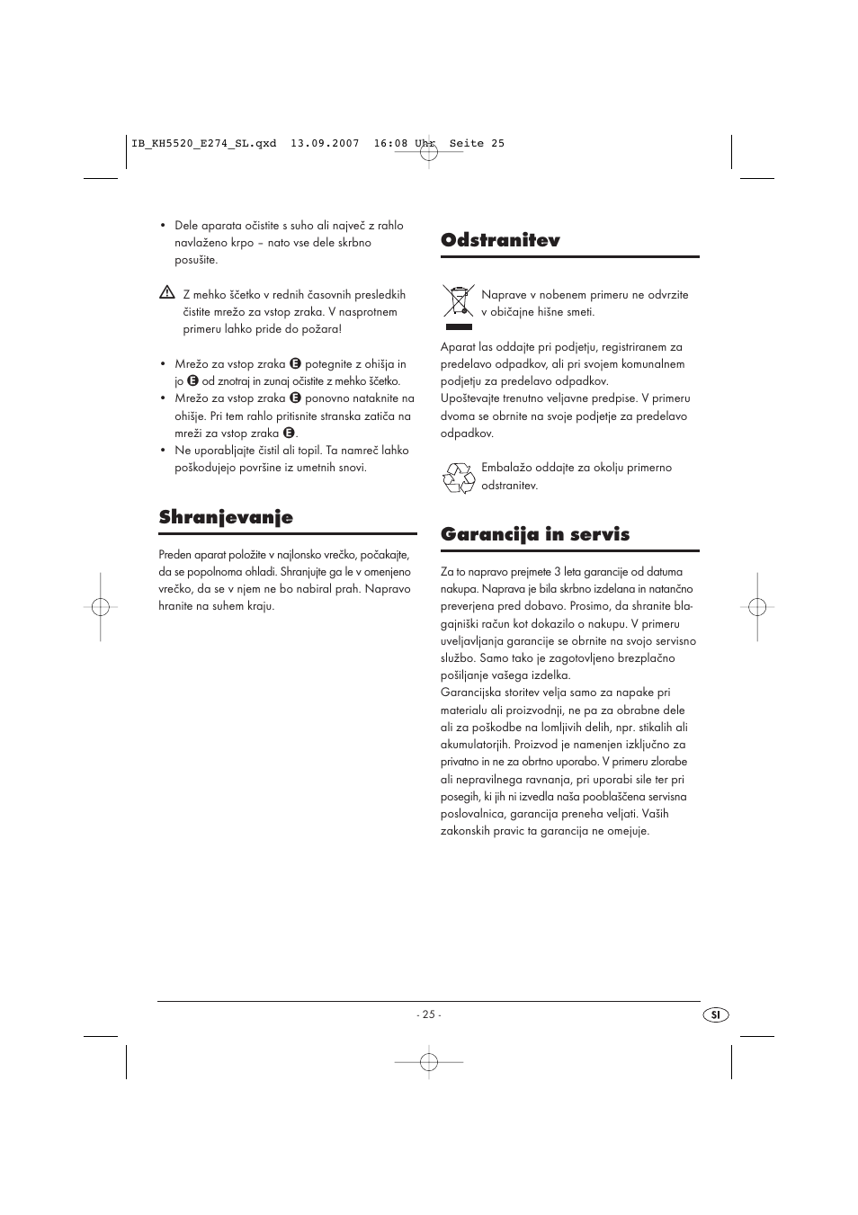 Shranjevanje, Odstranitev, Garancija in servis | Balance KH 5520 User Manual | Page 25 / 52