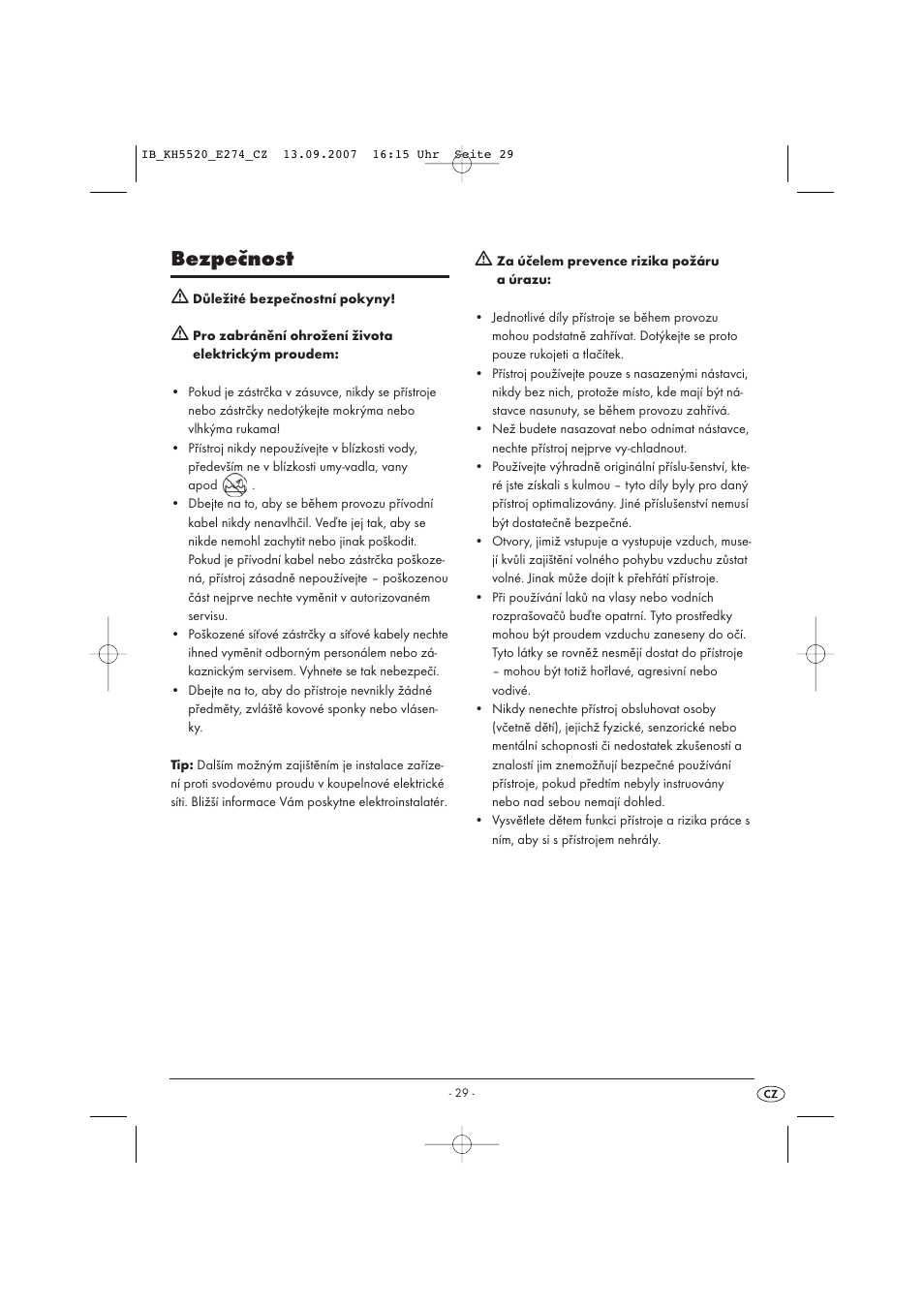 Bezpečnost | Balance KH 5520 User Manual | Page 29 / 52