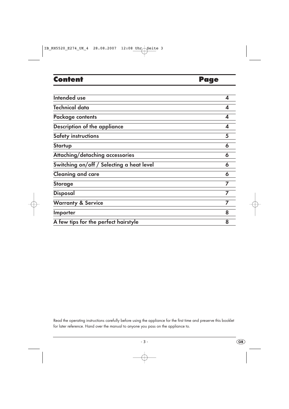 Content page | Balance KH 5520 User Manual | Page 3 / 52