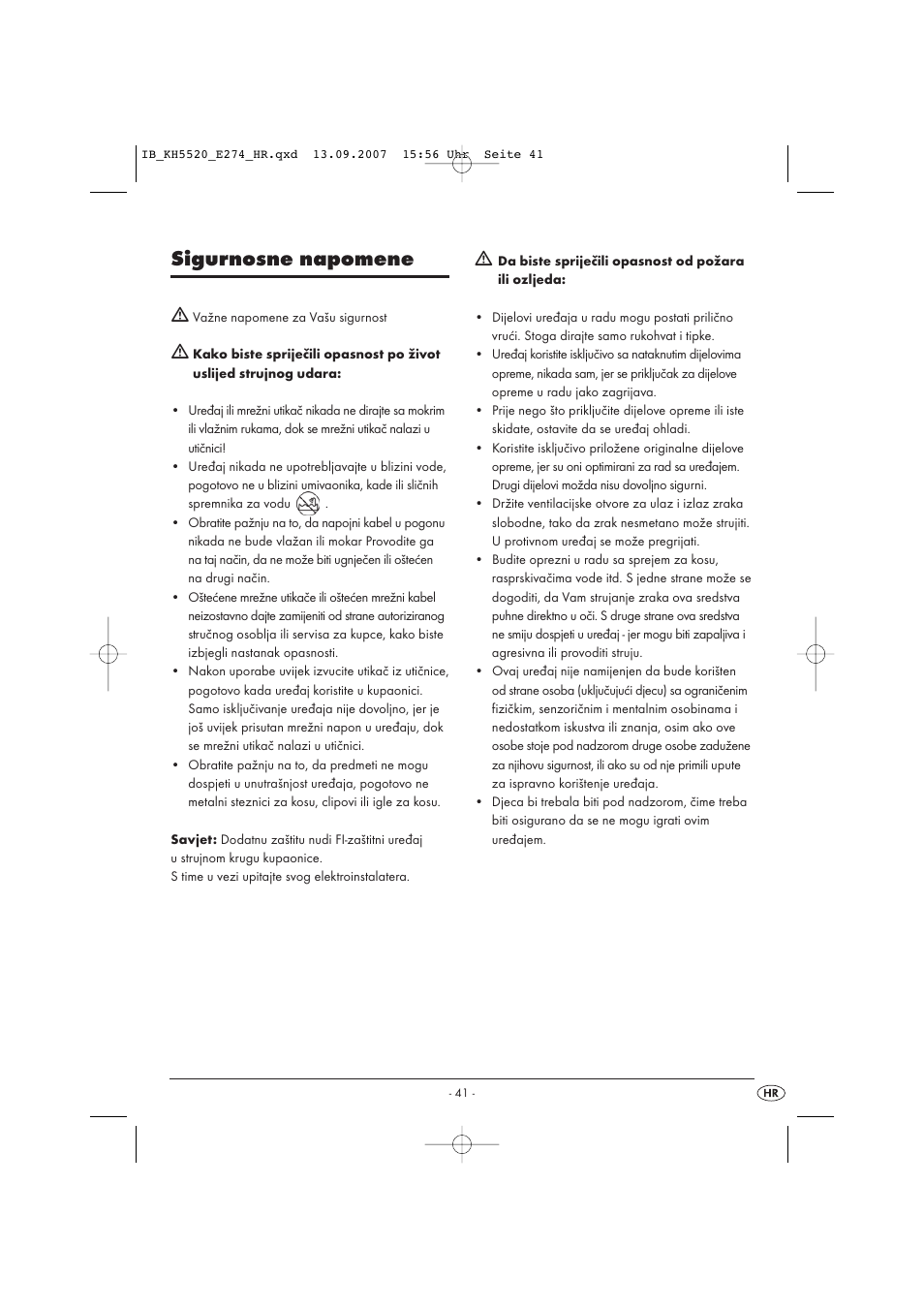 Sigurnosne napomene | Balance KH 5520 User Manual | Page 41 / 52