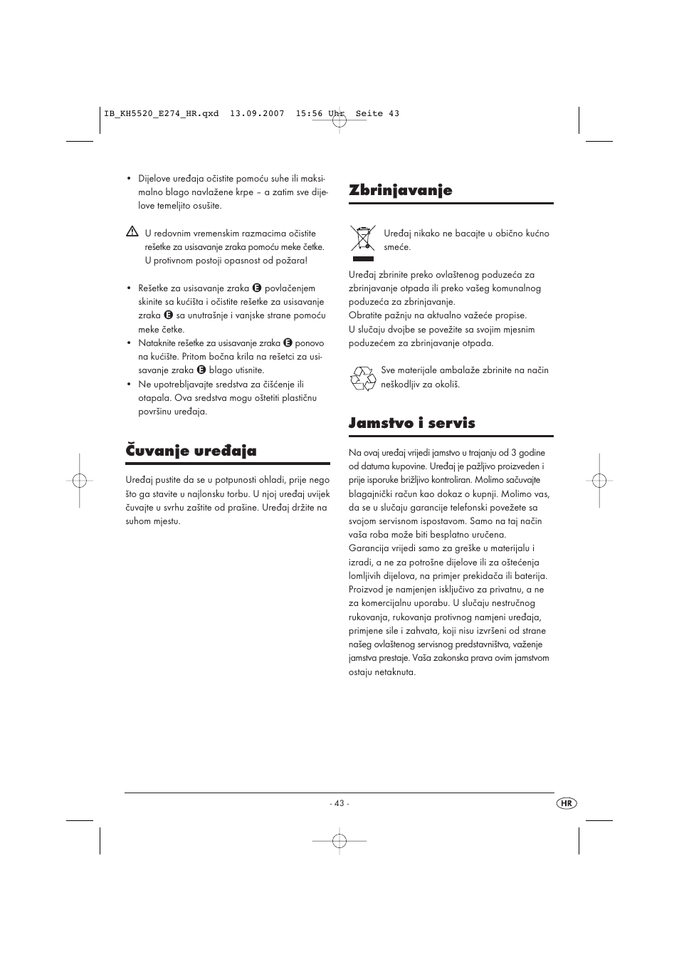 Čuvanje uređaja, Zbrinjavanje, Jamstvo i servis | Balance KH 5520 User Manual | Page 43 / 52