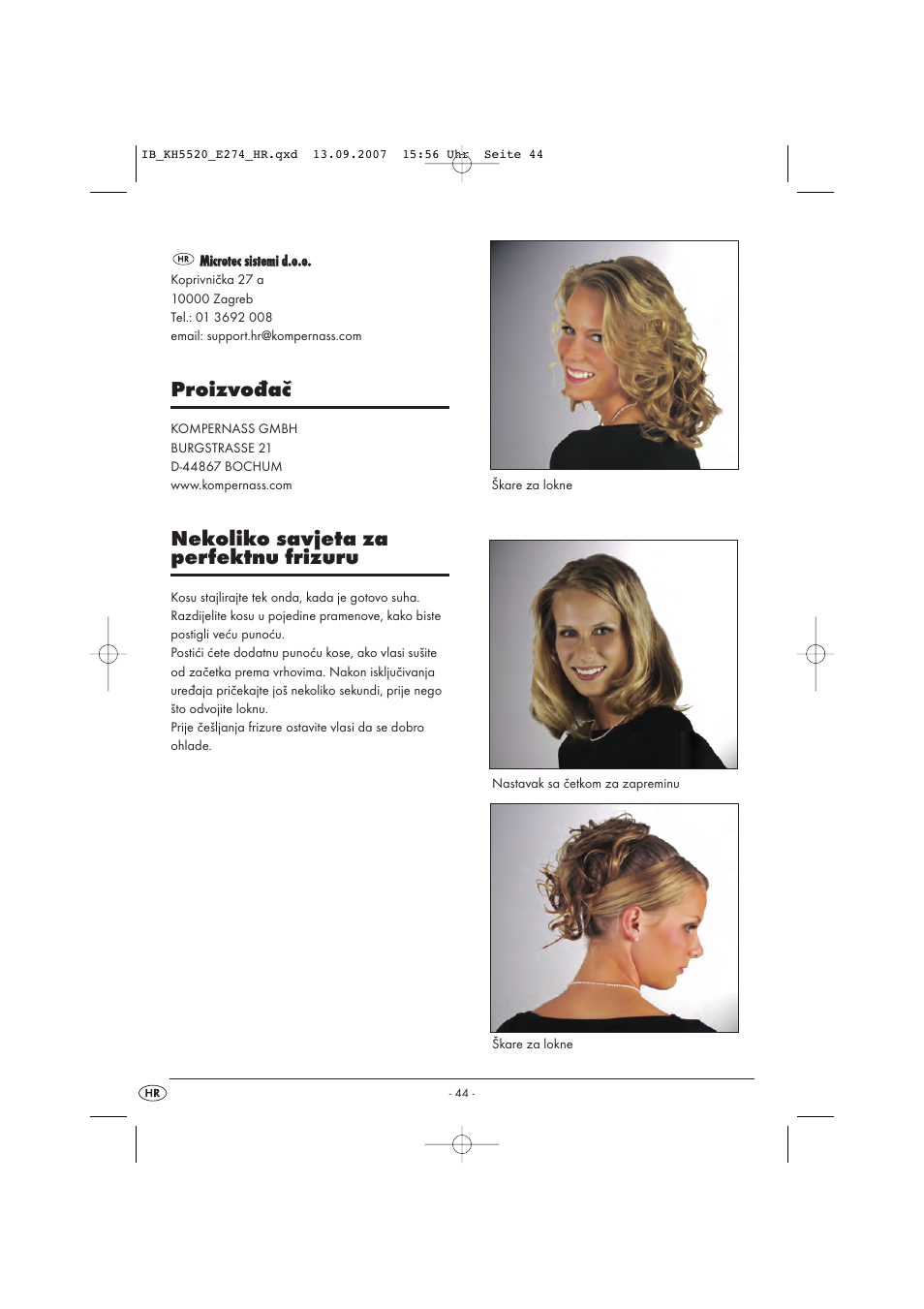 Proizvođač, Nekoliko savjeta za perfektnu frizuru | Balance KH 5520 User Manual | Page 44 / 52