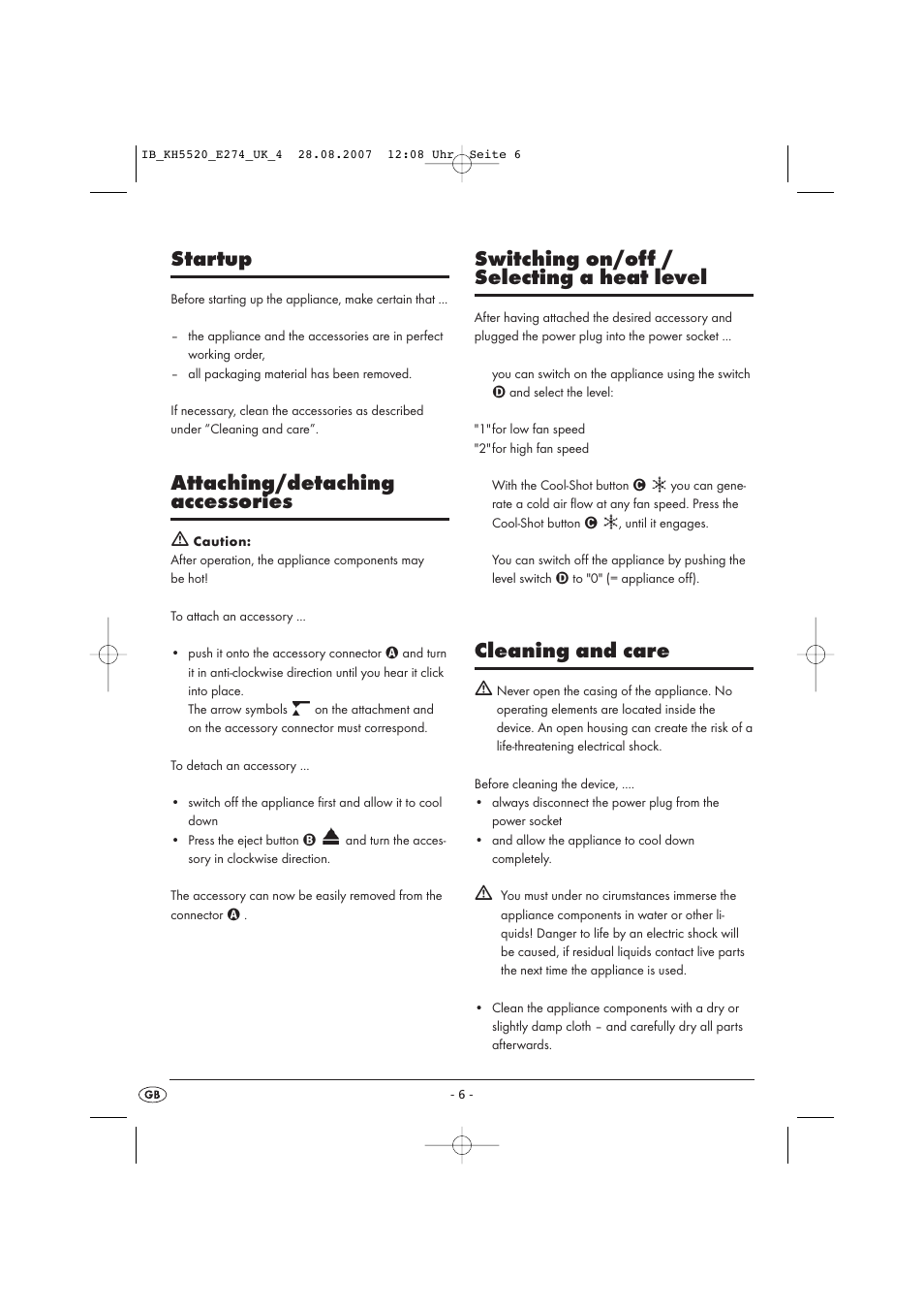 Startup, Attaching/detaching accessories, Switching on/off / selecting a heat level | Cleaning and care | Balance KH 5520 User Manual | Page 6 / 52