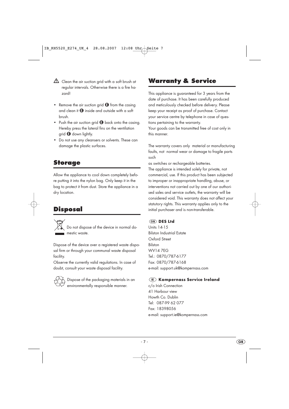 Storage, Disposal, Warranty & service | Balance KH 5520 User Manual | Page 7 / 52