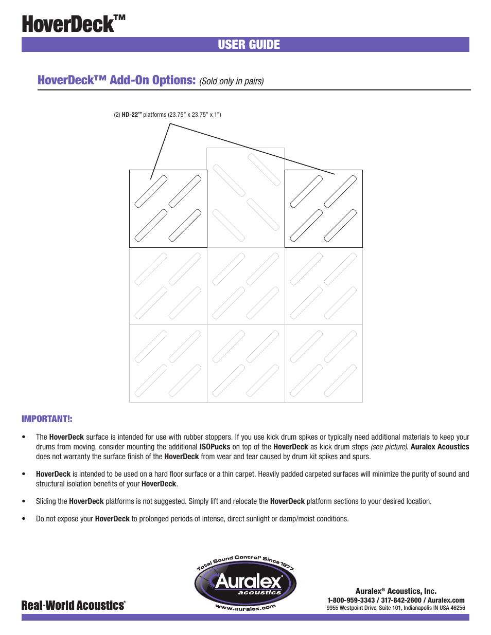 Hoverdeck, User guide, Hoverdeck™ add-on options | Auralex HoverDeck User Manual | Page 2 / 2