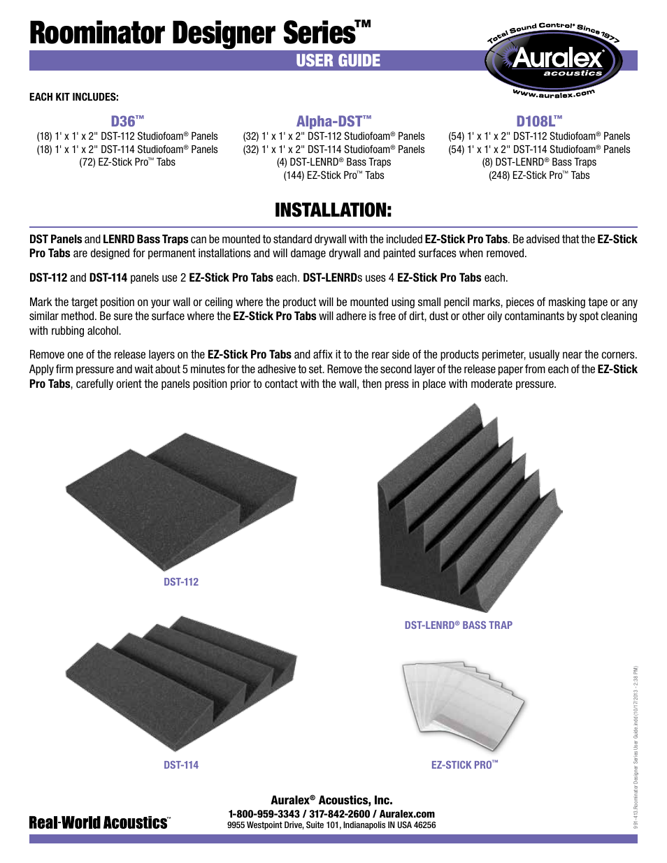 Auralex Alpha-DST Roominator Kit User Manual | 2 pages