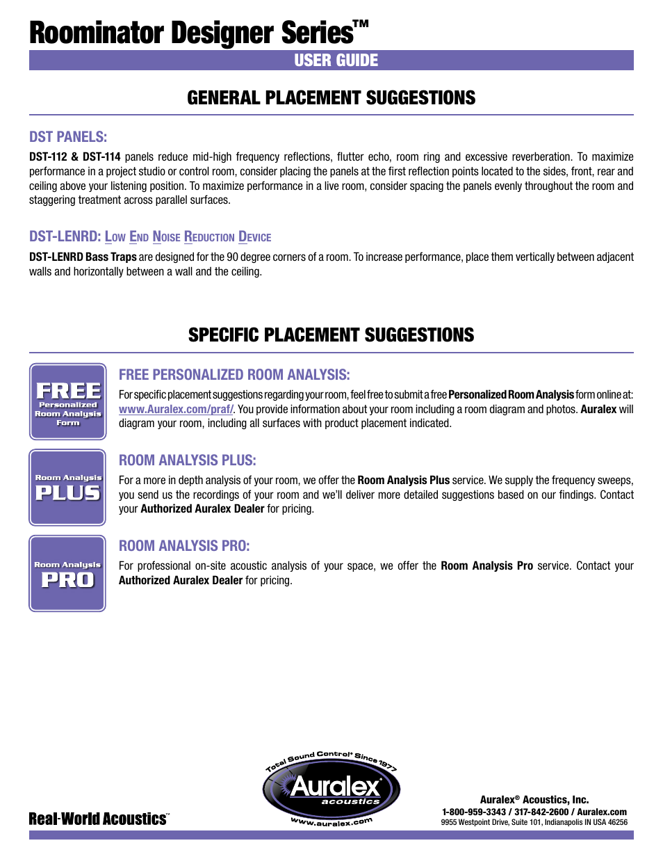 Roominator designer series, General placement suggestions, Specific placement suggestions | User guide | Auralex Alpha-DST Roominator Kit User Manual | Page 2 / 2