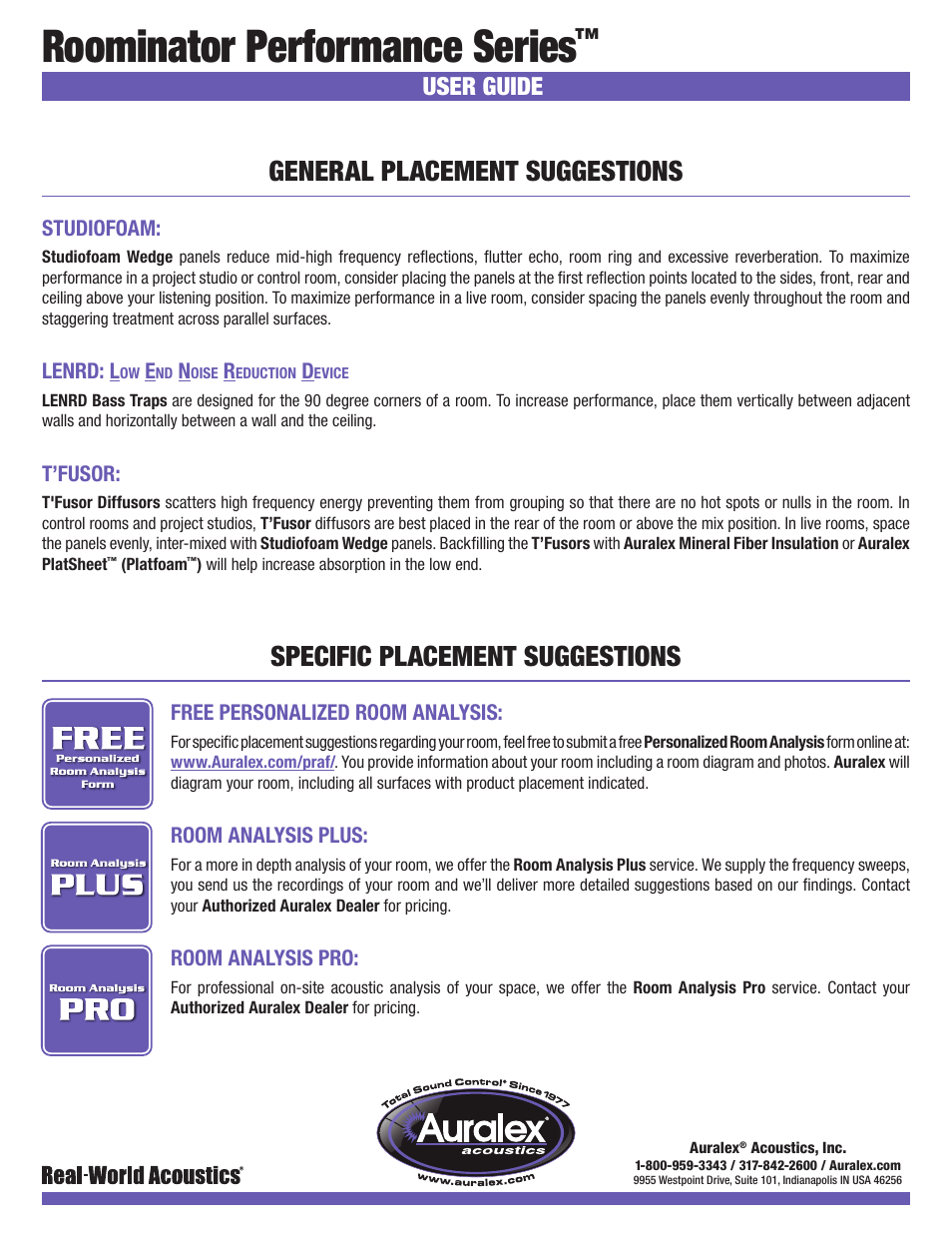 Roominator performance series, General placement suggestions, Specific placement suggestions | User guide | Auralex Deluxe Plus Roominator Kit User Manual | Page 2 / 2