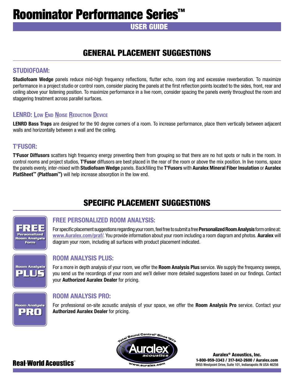 Roominator performance series, General placement suggestions, Specific placement suggestions | User guide | Auralex Pro Plus Roominator Kit User Manual | Page 2 / 2