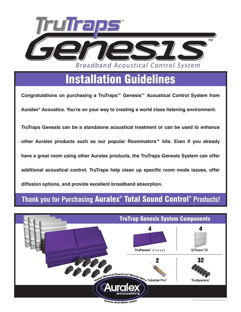 Auralex TruTraps Genesis System User Manual | 4 pages