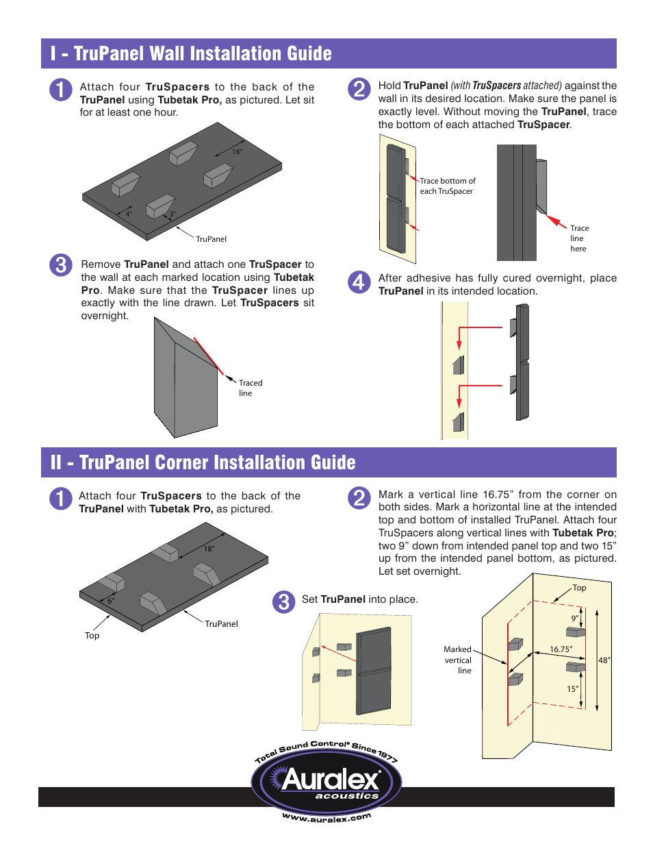 I - trupanel wall installation guide, Ii - trupanel corner installation guide | Auralex TruTraps Genesis System User Manual | Page 3 / 4
