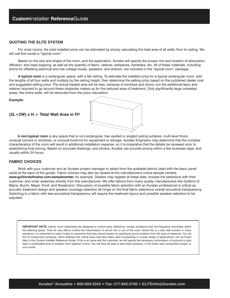 Custom installer reference guide, 2l+2w) x h = total wall area in ft | Auralex ELiTE Custom Fabric System Reference Guide User Manual | Page 4 / 11
