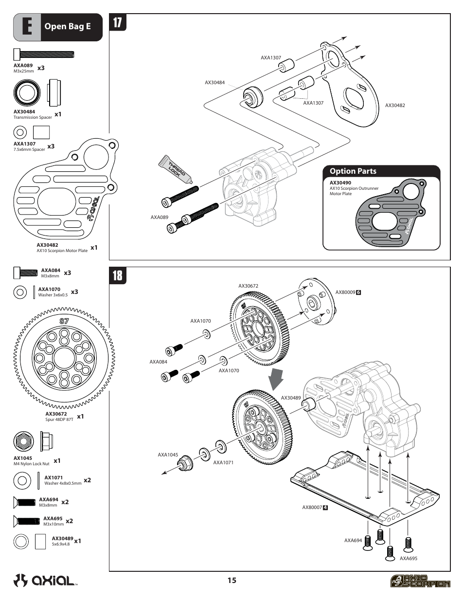 Open bag e, 15 option parts | Axial Racing AX90001 User Manual | Page 16 / 36