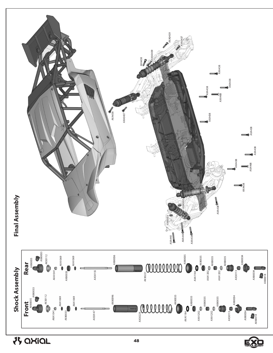 Rear fr on t, Final a ssembly sho ck a ssembly | Axial Racing AX90024 User Manual | Page 48 / 52