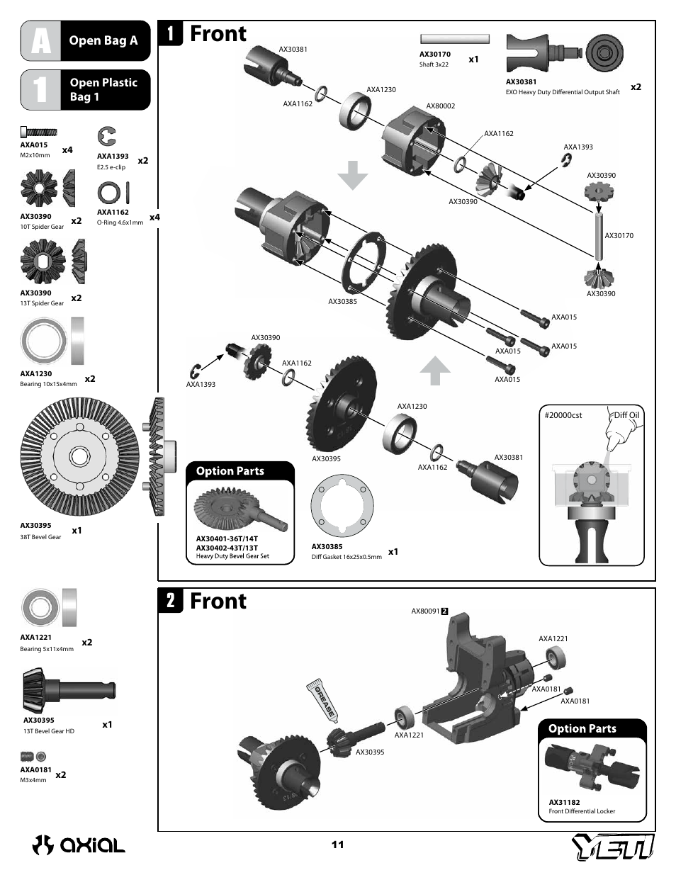 Front, Open bag a, Open plastic bag 1 | Axial Racing AX90025 User Manual | Page 11 / 60