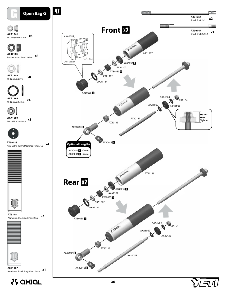 Front, Rear, Open bag g | Axial Racing AX90025 User Manual | Page 36 / 60