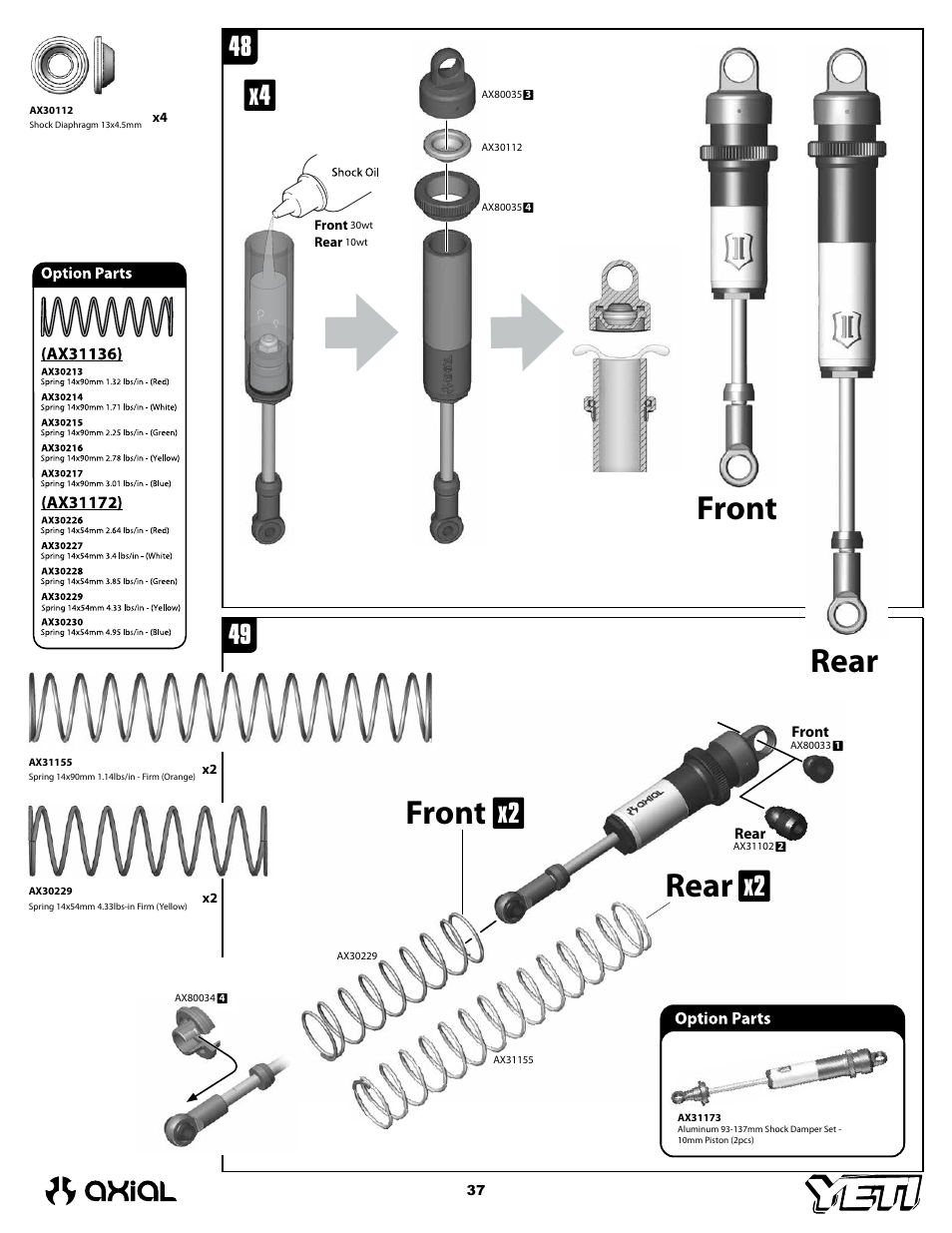 Front, Rear, Front rear | Axial Racing AX90025 User Manual | Page 37 / 60