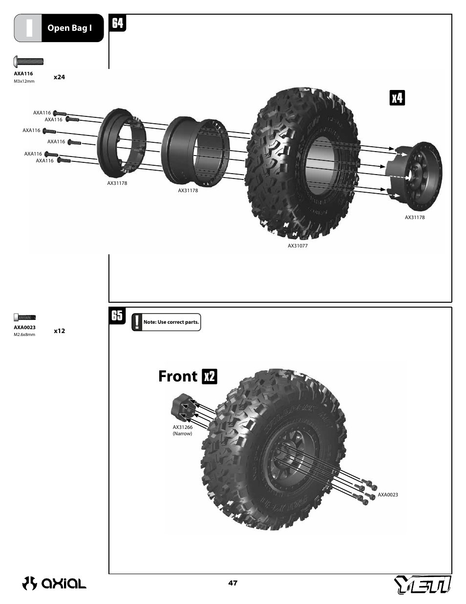 Front, 64 x4, Open bag i | Axial Racing AX90025 User Manual | Page 47 / 60