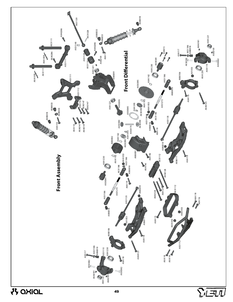 Fr on t a ssembly fr on t d iff er en tial | Axial Racing AX90025 User Manual | Page 49 / 60