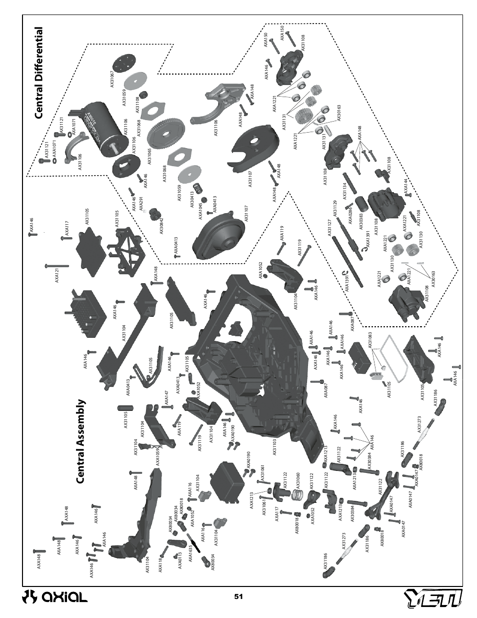 Cen tr al a ssembly cen tr al d iff er en tial | Axial Racing AX90025 User Manual | Page 51 / 60