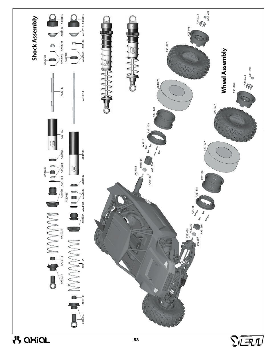 Sho ck a ssembly w heel a ssembly | Axial Racing AX90025 User Manual | Page 53 / 60