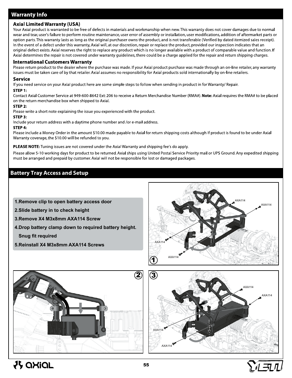 Battery tray access and setup | Axial Racing AX90025 User Manual | Page 55 / 60