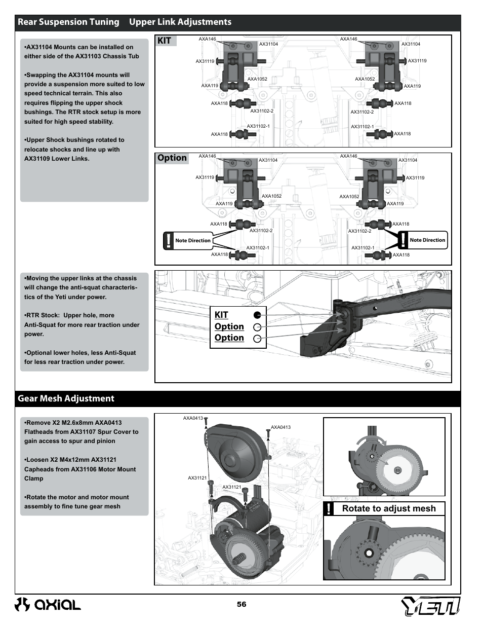 Kit option, Kit option option, Rotate to adjust mesh | Axial Racing AX90025 User Manual | Page 56 / 60