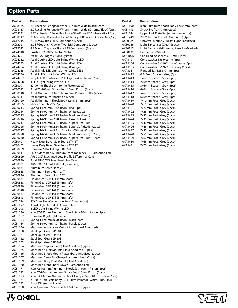 Option parts | Axial Racing AX90025 User Manual | Page 58 / 60