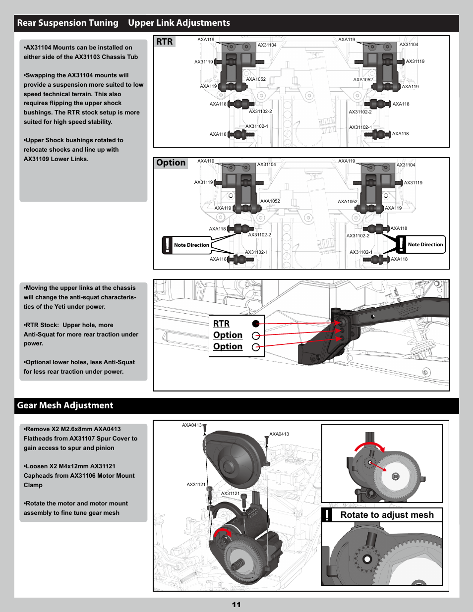 Rtr option, Rtr option option, Rotate to adjust mesh | Axial Racing AX90026 User Manual | Page 11 / 28