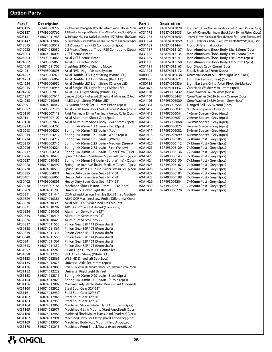 Option parts | Axial Racing AX90026 User Manual | Page 25 / 28